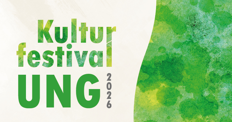 Beige bakgrund med grön text som säger Kulturfestival ung 2026. 