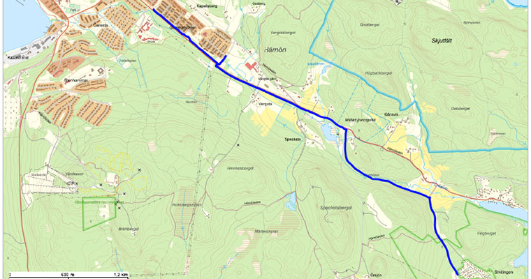 karta med en sträcka markerad med blått streck