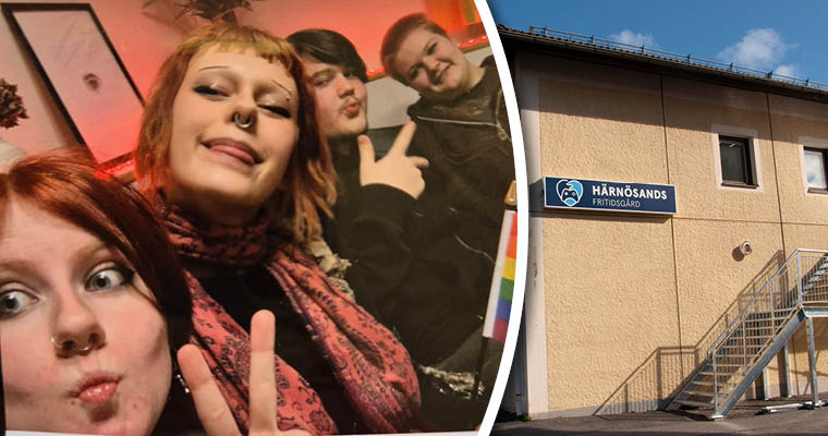 Bildkollage med dels en bild på fyra glada ungdomar, dels en exteriörbild på Härnösands fritidsgård.