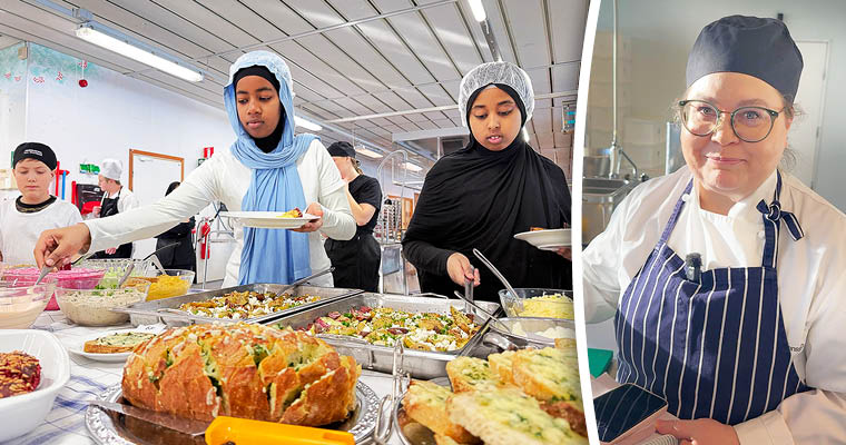 Bildkollage med dels skolbarn i mellanstadieåldern, dels porträttbild på en kvinna i kockkläder.