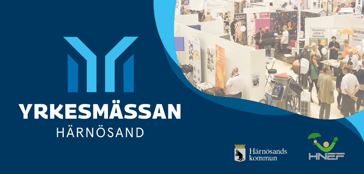 Logotypen för Yrkesmässan över en blå bakgrund och en mässyta. 