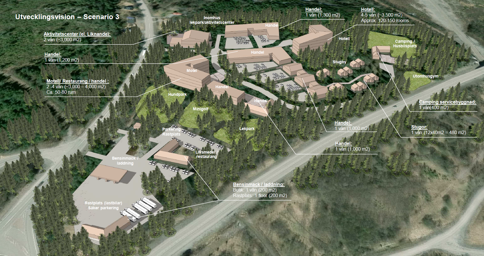 skiss över en tänkt rastplats vid en motorväg