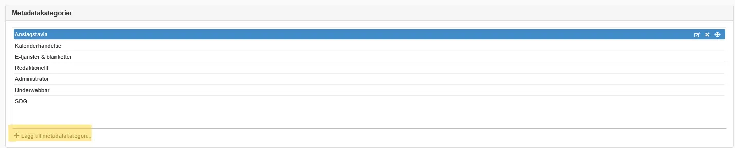 Skärmklipp visar Metadatakategorier