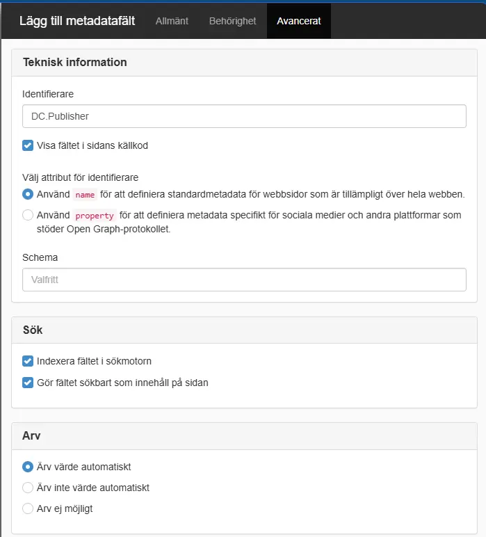 Fliken Avancerat för att lägg ny metadatafält