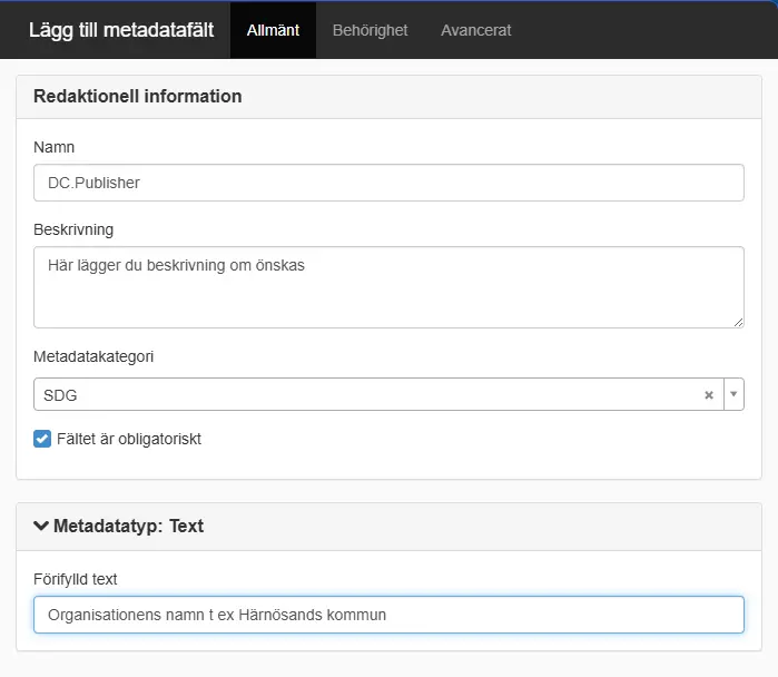 Fliken Allmänt om ska lägga ny metadatafält