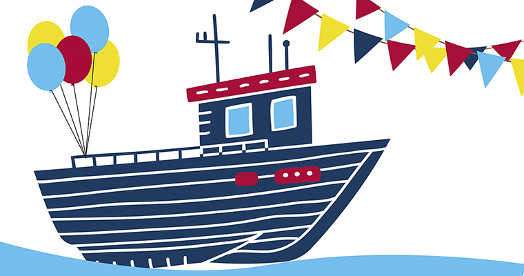 illustration av en båt som åker. Från båten hänger ballonger och ovanför båten hänger ett flaggspel.