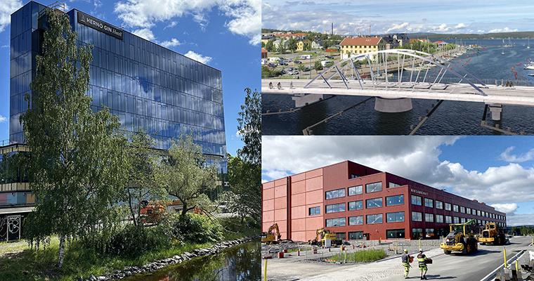 collage med två byggnader och en bro