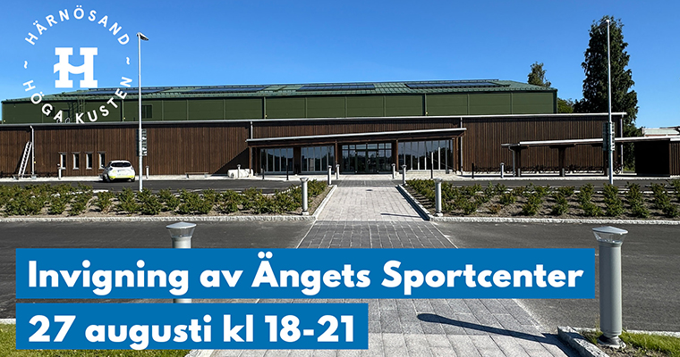 Exteriör bild på sporthall. Infällt i bilden vimplar i olika färger och texten Invigning 27 aug 18-21