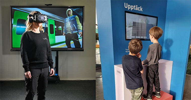 collage av två bilder, en med en kvinna med vr-kamera på sig, en med två barn som står vid en digital skärm