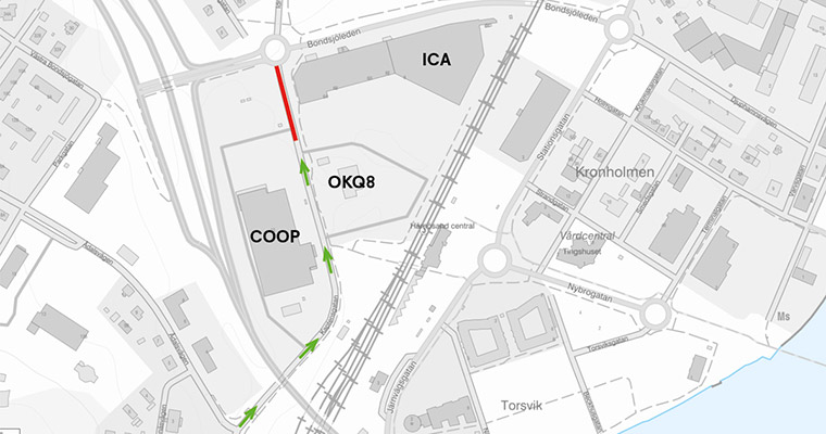 karta med en sträcka markerad med rött samt gröna pilar längs en annan sträcka