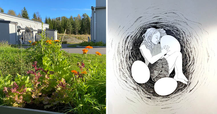 Kollage som visar dels en utemiljö med en prunkande odlingslåda i förgrunden, dels ett konstverk med en flicka som ligger hopkurad med stora ägg i ett fågelbo.