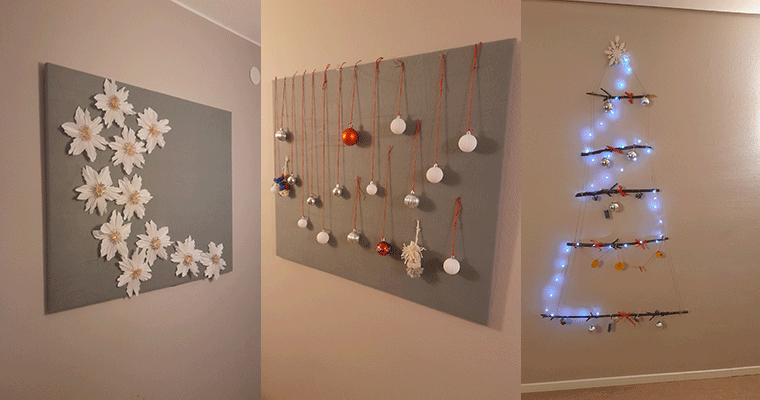 Collage tre konstverk, ett med blommor, ett med julkulor och ett med en gran.