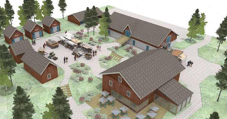 skiss på ett område med hus runt en gårdsplan