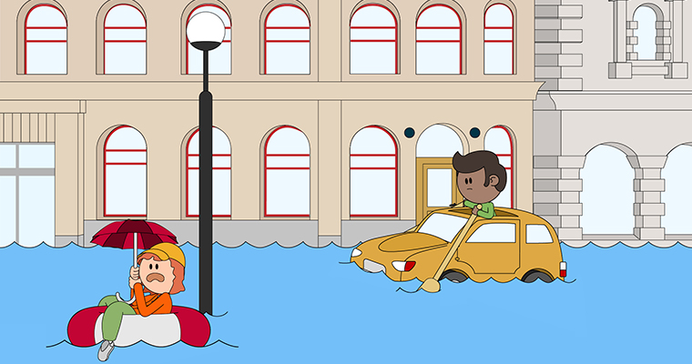 Illustrerad bild på en översvämmad gata där en figur sitter på ett biltak och en annan i en badring 
