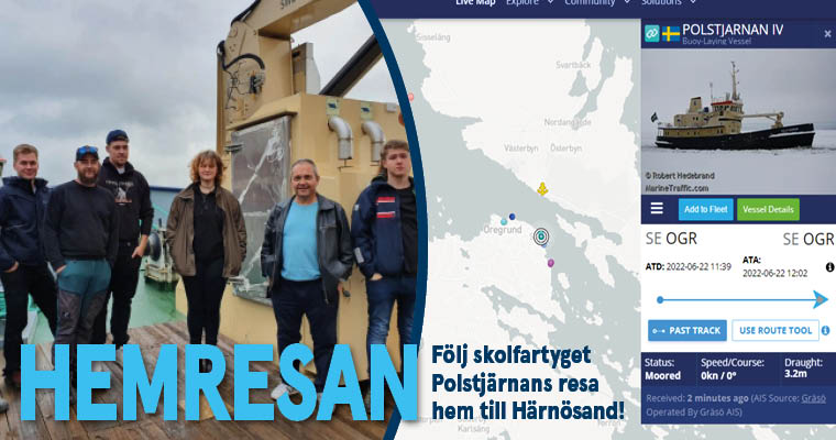 Kollage: skärmdump på marinetraffic.com samt gruppbild på personalen som tar båten från Öregund till Härnösand.