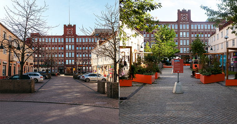 en tvådelad bild som visar samma gata vid två olika tillfällen. På den vänstra står en massa bilar parkerade. På den högra finns sittplatser och växtlighet