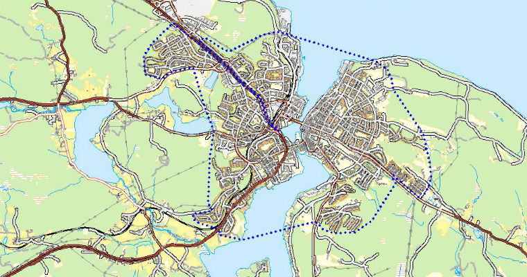 en karta över en stad där tätorten är markerad med en prickad linje