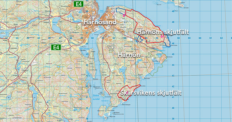 En karta över Härnösand och skjutfälten på Härnön.