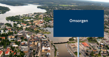 Flygfoto över Härnösand samt en skylt som illustrerar att verksamhetsområdet Omsorgen nu byter namn till Funktionsstöd.
