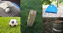 collage med bilder av ett bamintonracket med boll, en fotboll, en figur ur ett kubbspel, ett tält och ett trangiakök