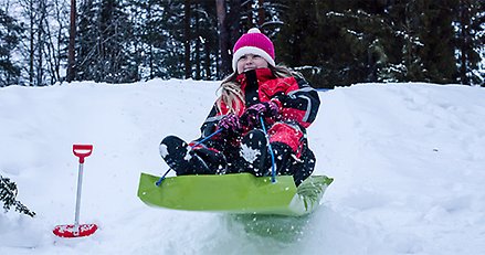 En flicka som åker pulka.