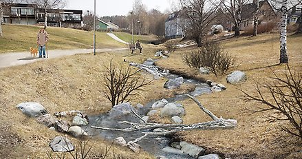 illustration av en slingrande bäck i ett parklandskap. En person sitter på en bänk vid bäcken och en annan person går med en hund på en gångväg.