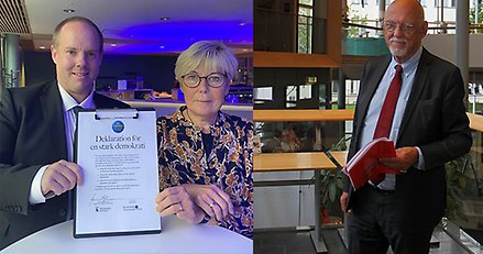 Kommunstyrelsens ordförande, landshövdingen och EU-minister på Sambiblioteket.