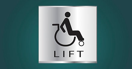 illustration/piktogram på person som sitter i rullstol med texten "lift" under