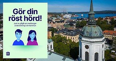Flygbild över centrala Härnösand. Infälld en illustration med uppmaningen "Gör din röst hörd!"