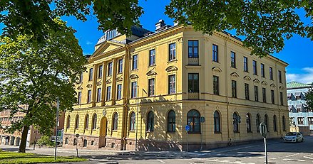 Gult stenhus, grönt lövträd