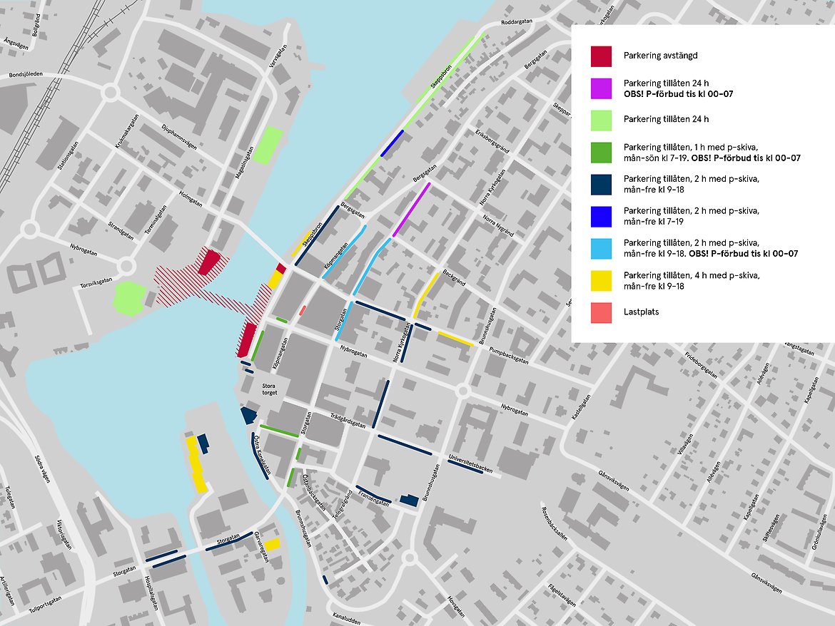 Karta över en stad med färgade linjer på olika vägar