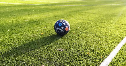 en boll ligger på en grön gräsmatta