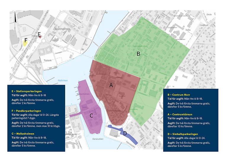 karta med olika områden markerade med olika färger och textrutor