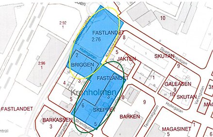 karta med några fastigheter blåmarkerade och inringade med gult eller grönt och några fastigheter inringade med rött