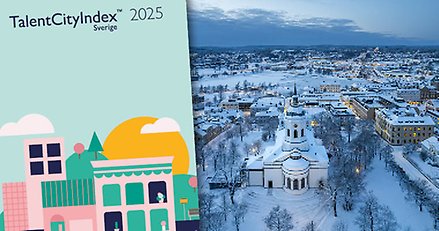 Flygbild över centrala Härnösand i vinterskrud samt försättsbladet på en enkätundersökning med titeln "Talent City Index 2025".