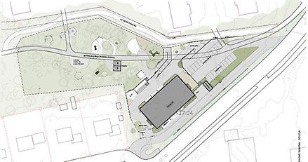 skiss över en tänkt ny förskola i ett parkområde