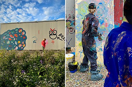 Två bilder med barn som deltar i skapande aktivitet på Härnösands öppna vägg