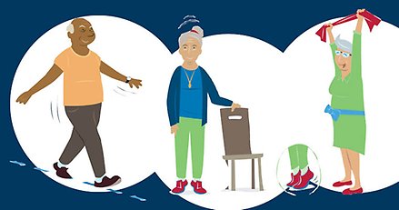 Illustration av tre glada äldre personer som utför enkla balansövningar. 