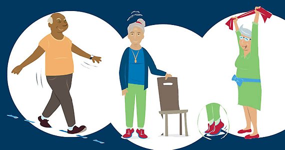 Illustration av tre glada äldre personer som utför enkla balansövningar. 