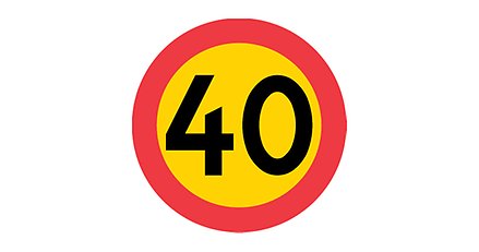 en rund gul vägskylt med röd ram och siffran 40