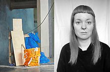 Målning föreställande industrilandskap och ett fotografi av konstnären.