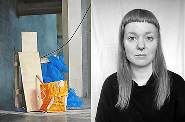 Målning föreställande industrilandskap och ett fotografi av konstnären.