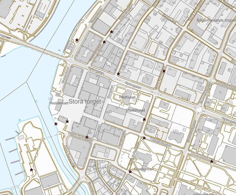 gkarta över en stad med många plaster markerade med en stjärna.