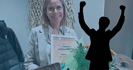 Kollage med ett porträtt på glad kvinna med blommor och diplom i famnen, och en siluett av en jublande person. 