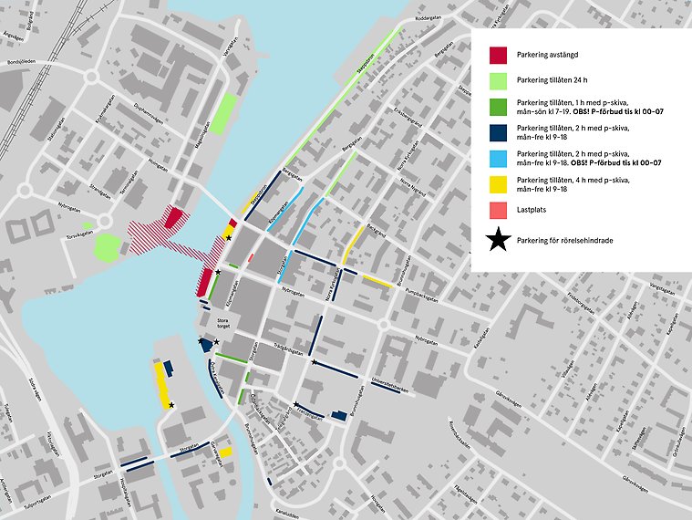 karta över stad med streck i olika färger på olika ställen