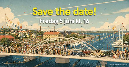 illustration där många människor går över en bro och några gamla bilar kör på bron.