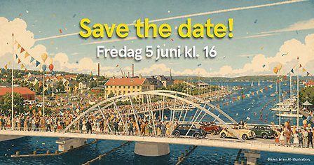 illustration där många människor går över en bro och några gamla bilar kör på bron.