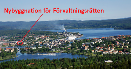 Flygbild över centrala Härnösand. Området Torsvik är inringat