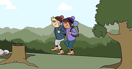 tecknad bild med två personer med ryggsäckar som går i en skog