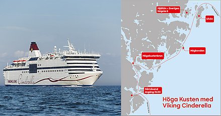 Bildcollage: Viking Cinderella på havet och en karta över kustlinjen mellan Härnösand och Örnsköldsvik med tidsangivelser för när Viking Cinderella passerar